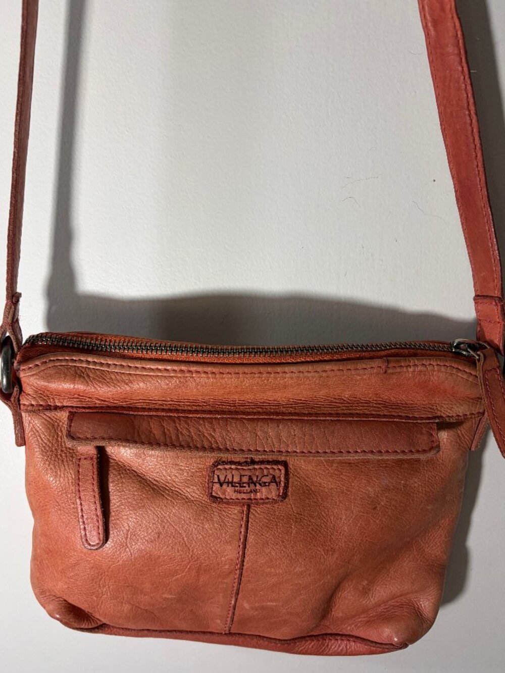 Vilenca Holland Coral/Brown Woven Leather Crossbody Bag Boho Distressed